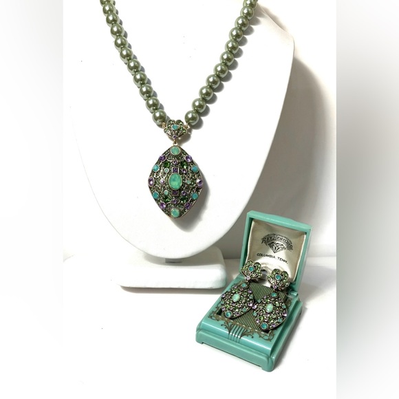 Jewelry - Heidi Daus set Necklace earrings, mint green. Heidi Daus locket necklace 16-20"